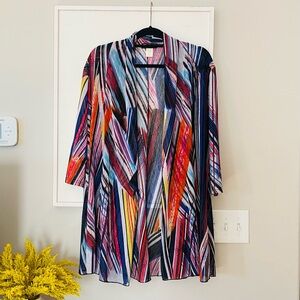 CREATION Open Front Geometric Multicolor Lightweight Striped Cardigan Blue 1X